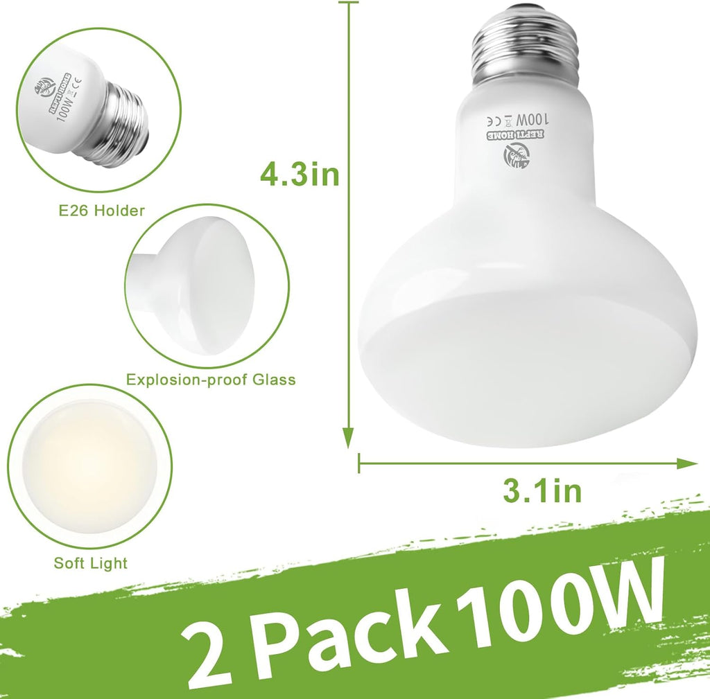 Reptile Heat Lamp Bulbs, Simulate Natural Sunlight Heat Light Bulb, 2 Pack 100W Amphibian Terrarium Basking Spot Lamp for Reptile, Bearded Dragon, Lizard, Turtle, Snake