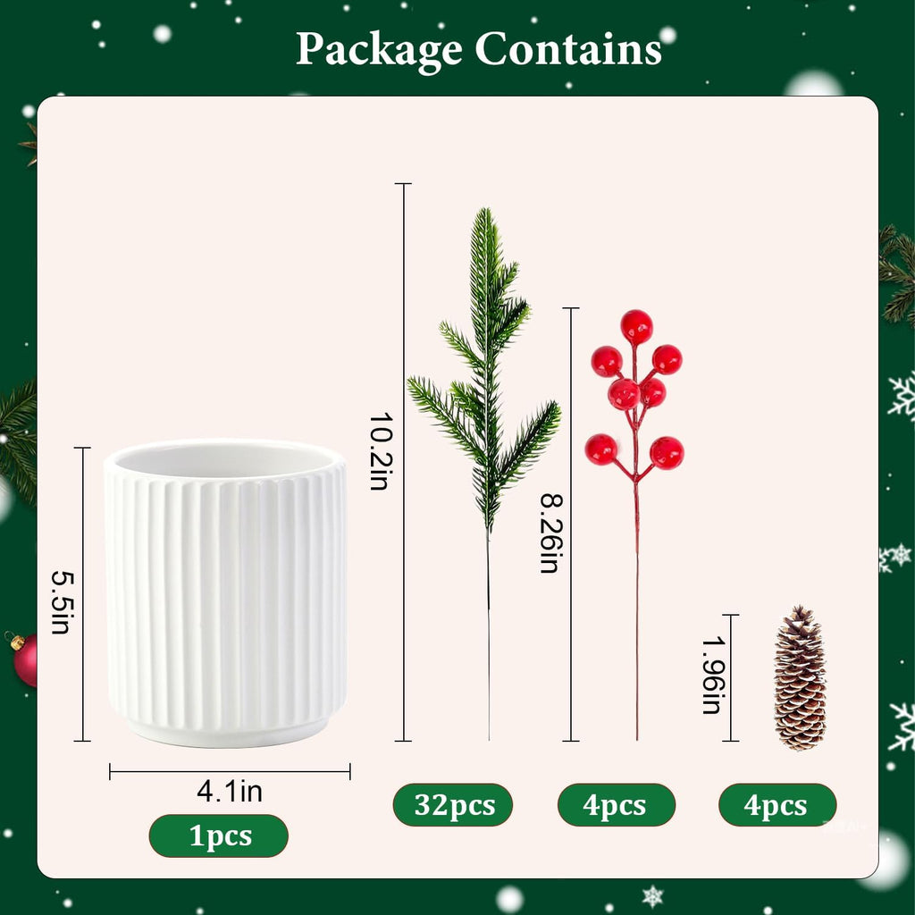 13 Inch Artificial Norfolk Pine Branches with Red Berry in a White Ceramic Pot,Christmas Greenery with Lights Pine Cones for Xmas Kitchen Living Room Tabletop Decor (40 Pcs)