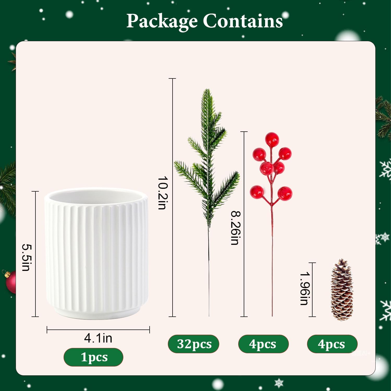 13 Inch Artificial Norfolk Pine Branches with Red Berry in a White Ceramic Pot,Christmas Greenery with Lights Pine Cones for Xmas Kitchen Living Room Tabletop Decor (40 Pcs)