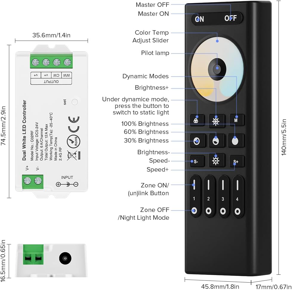 BTF-LIGHTING RF 2.4GHz Wireless Remote RC02RFB &3PCS C02RF Tuya Controller Kit 4 Zone Group Control PWM CCT(+ CW WW) 3pin 5050SMD FCOB COB Dual White LED Strip DC5V DC12V DC24V