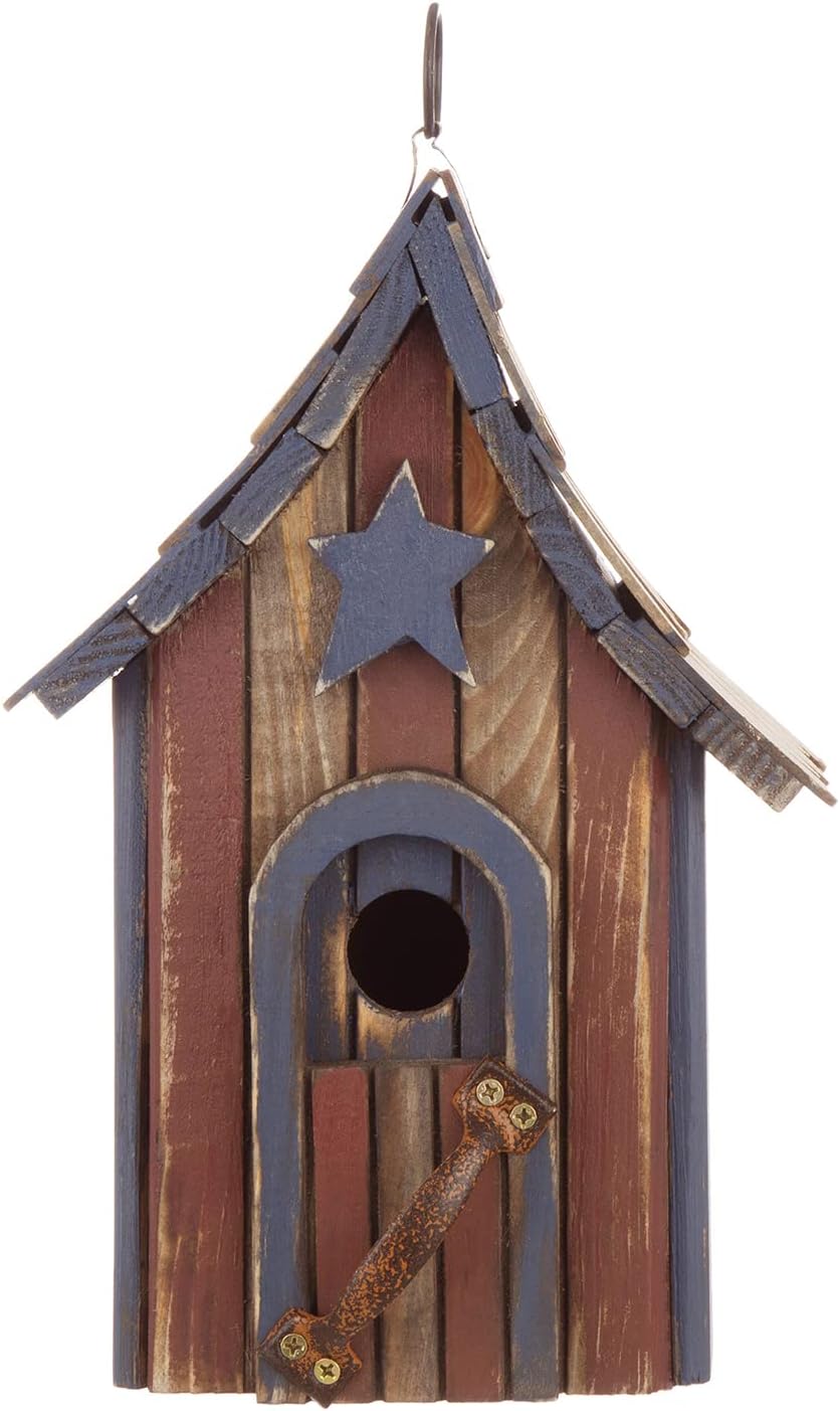 Glitzhome Wooden Patriotic USA Hanging Birdhouse for Outside Garden Bird House with Door Handle