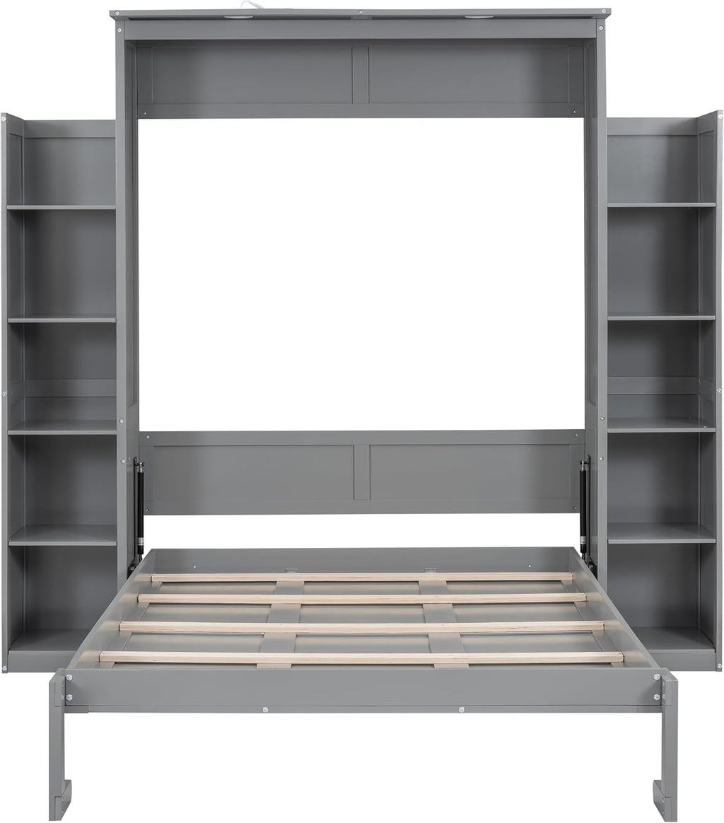 MERITLINE Full Murphy Bed Kit with Storage 8 Shelves and LED Lights, Wood Murphy Bed Cabinet Murphy Bed in a Cabinet Grey Murphy Wall Bed Units Full Size, LP00069