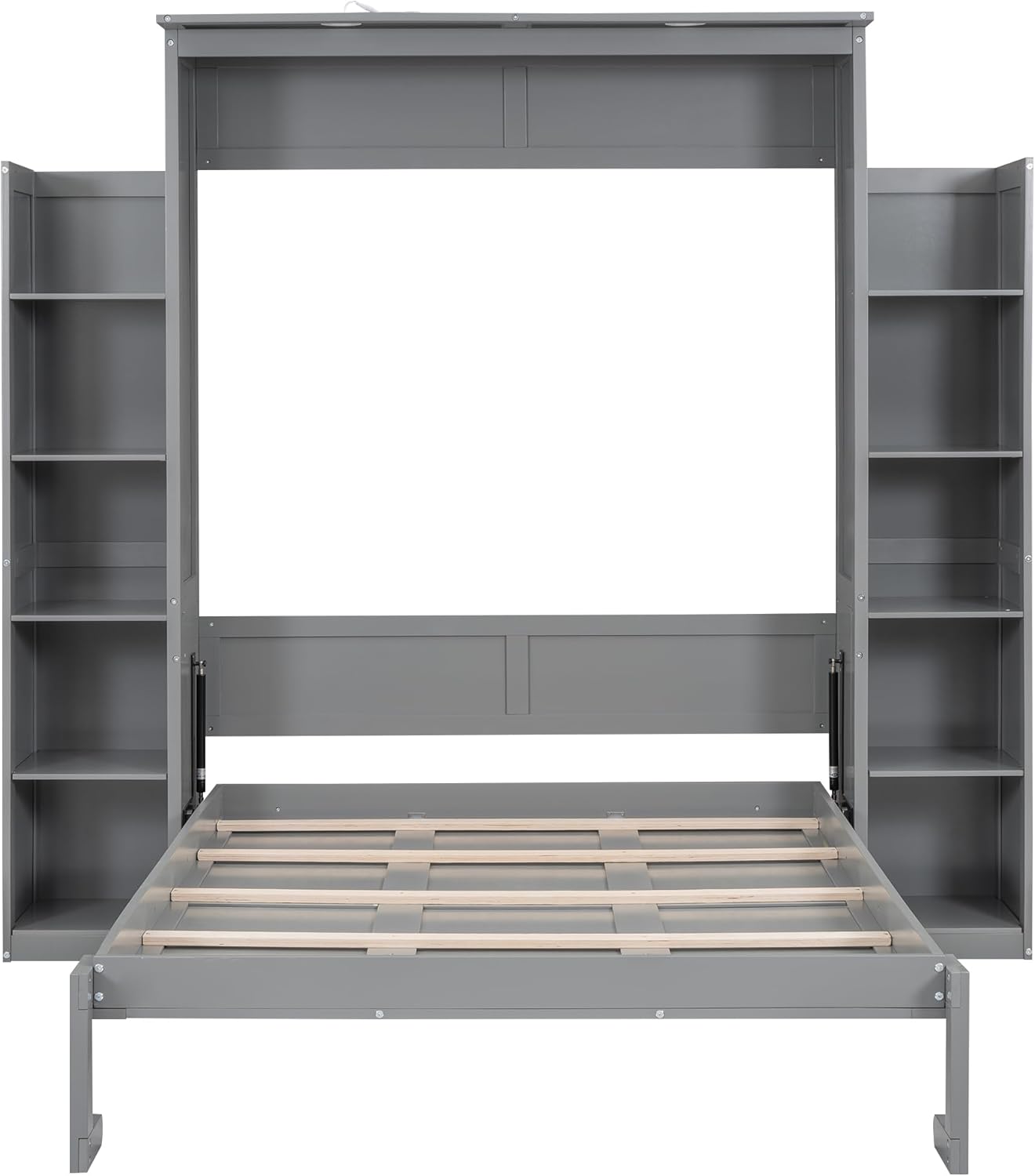 MERITLINE Full Murphy Bed Kit with Storage 8 Shelves and LED Lights, Wood Murphy Bed Cabinet Murphy Bed in a Cabinet Grey Murphy Wall Bed Units Full Size, LP00069