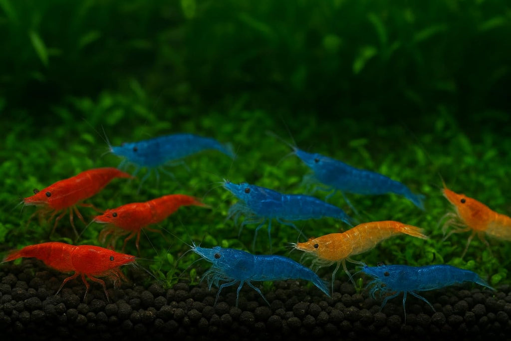 7 Orange & 7 Blue Dream & 7 Fire Red Three Mix Colors Live Shrimps Freshwater Shrimp High Grade Live Shrimps – Freshwater Shrimp Aquarium Inverts – with Live Arrival Guarantee (Pack of 21+)