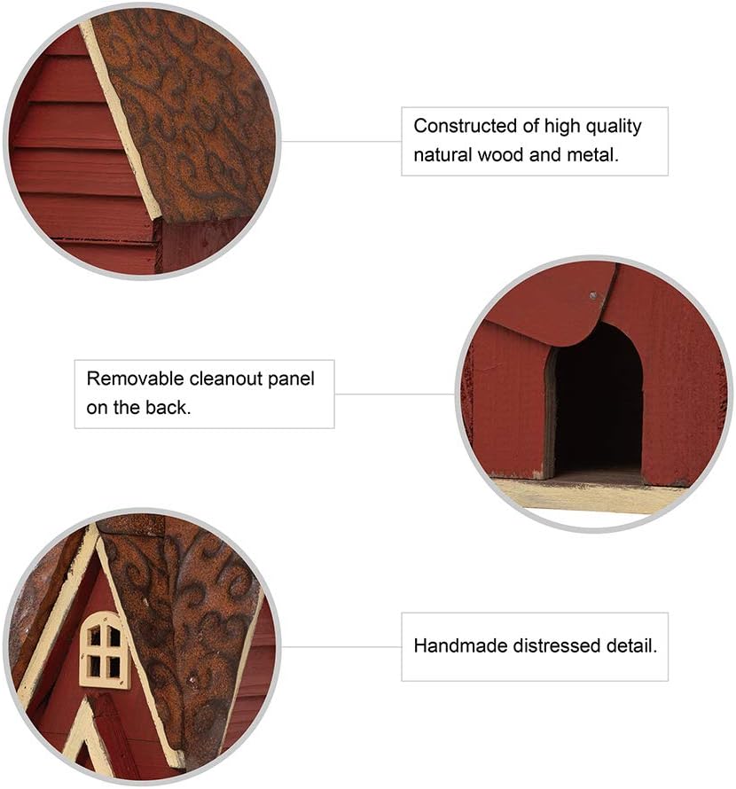Glitzhome Solid Wood Distressed Cottage Garden Birdhouse Hanging Bird House for Outdoors 12" H,Red