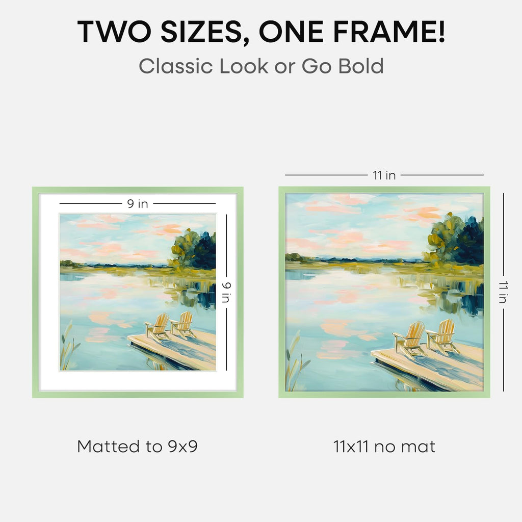 Homeforia 11x11 Sage Green Picture Frame, High End Metal 11 by 11 Square Frames with Mat 9 x 9 Photo, 11by11 Poster Frame Matted to 9x9 inch Art, Wall Hanging Frame, Tempered Glass, Wall Kit, Set of 1