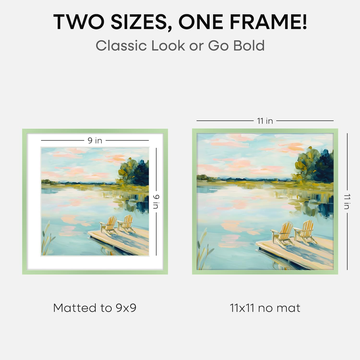 Homeforia 11x11 Sage Green Picture Frame, High End Metal 11 by 11 Square Frames with Mat 9 x 9 Photo, 11by11 Poster Frame Matted to 9x9 inch Art, Wall Hanging Frame, Tempered Glass, Wall Kit, Set of 1
