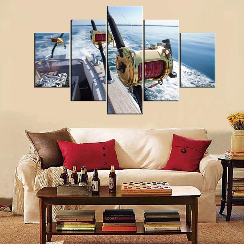 Wall Pictures for Living Room Fishing Reels Paintings Blue Ocean Scenery Artwork Multi Panel Prints Wall Art on Canvas Giclee Modern Home Decor Wooden Framed Stretched Ready to Hang(60''Wx32''H)