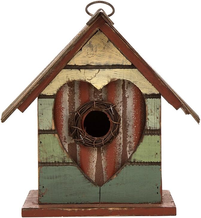 Glitzhome Hanging Bird House for Outdoor, 8.75" H Decorative Pet Cottage Distressed Heart Wooden Birdhouse for Outside,Graden Birdhouse for Bluebird Hummingbird Wren Finch Cardinals Cedar