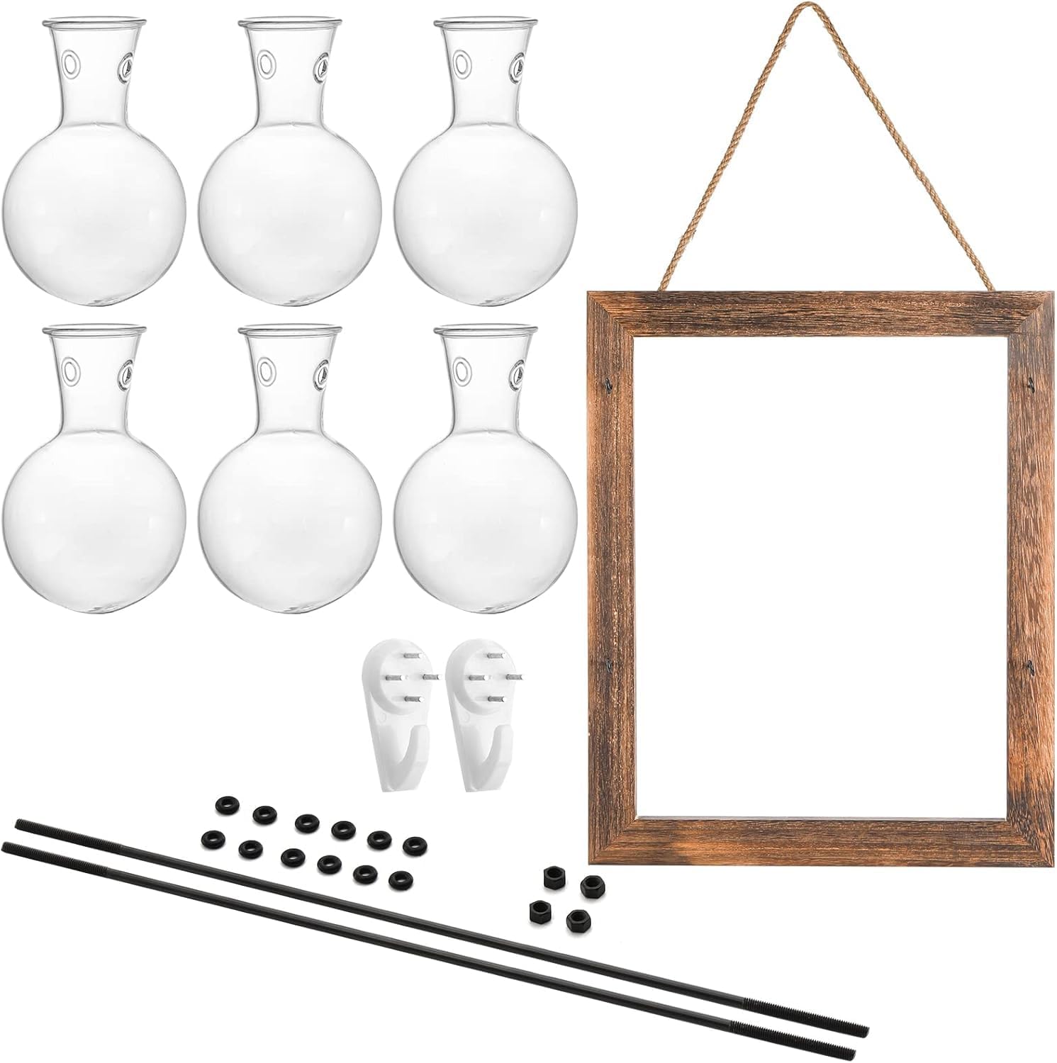 Elsjoy Wall Hanging Glass Planter, Double Layer Plant Terrarium Propagation Station, Mini 6 Bulb Vase with Wooden Stand and Rope for Hydroponics Plants, Home Decor, Indoor Outdoor