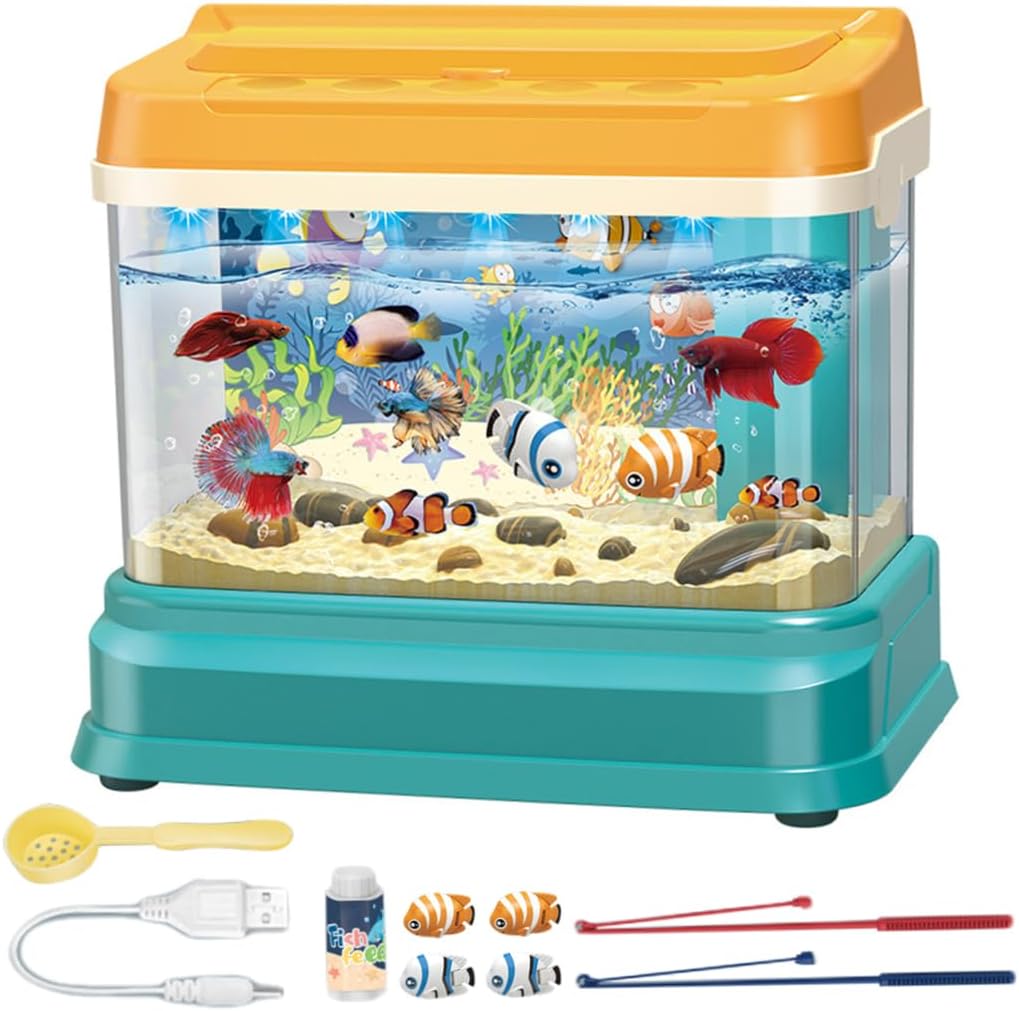 Baby Aquarium Toy, Educational Toy Fish Tank with Light & Music, Artificial Water Tank with 4 Magnetic Fish, 2 Fishing Rod, Net & Feed Bottle, for Kids