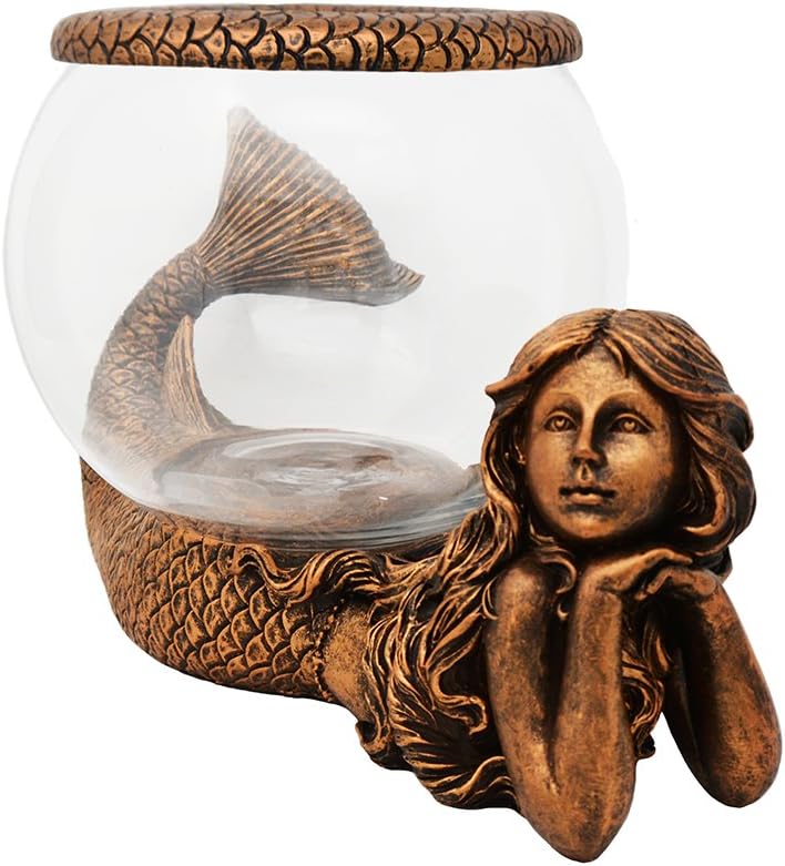 Mystical Mermaid Decorative Fish Bowl – 1 Gallon Glass Aquarium, Terrarium, or Candle Holder | Gold Antiqued Mermaid Figurine with Bowl, Accent Ring & River Rocks – Tabletop Home Décor Gift