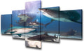 Underwater World Pictures Tiger and Lemon Sharks Paintings 5 Panel Canvas Wall Art Tropical Ocean Fish Artwork Living Room House Decorations Wooden Framed Ready to Hang Poster and Prints(50”WX24”H)