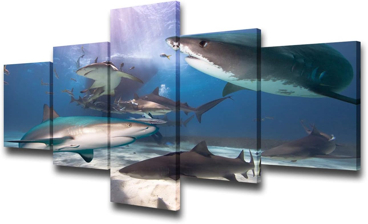 Underwater World Pictures Tiger and Lemon Sharks Paintings 5 Panel Canvas Wall Art Tropical Ocean Fish Artwork Living Room House Decorations Wooden Framed Ready to Hang Poster and Prints(50”WX24”H)