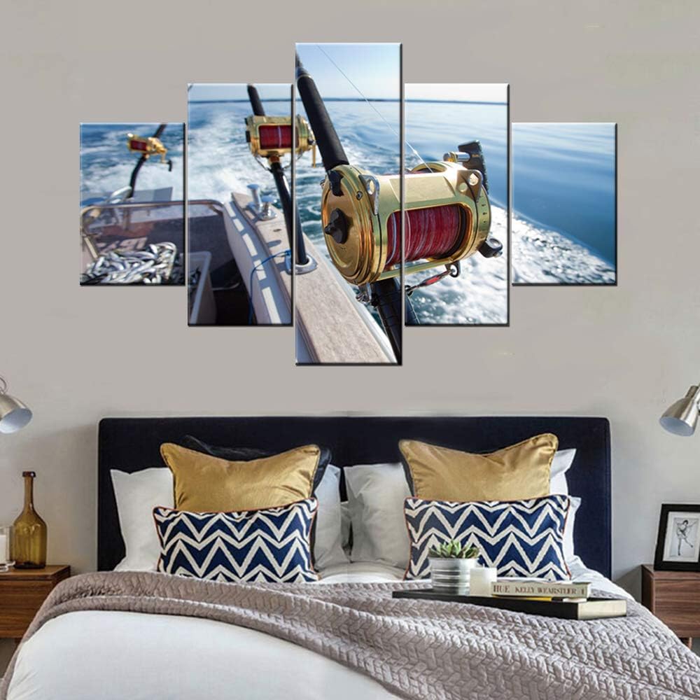 Wall Pictures for Living Room Fishing Reels Paintings Blue Ocean Scenery Artwork Multi Panel Prints Wall Art on Canvas Giclee Modern Home Decor Wooden Framed Stretched Ready to Hang(60''Wx32''H)