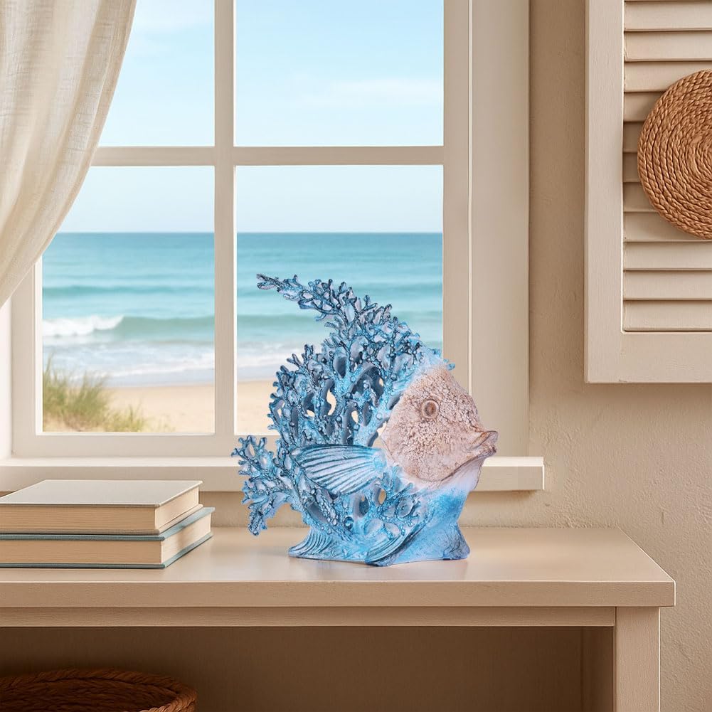 Beach Coastal Decor Turquoise Coral Reef Angelfish Figurines, Modern Nautical Decor Ocean Centerpieces for Living Room, Bathroom, Office, Coffee Table, Beach House, Seaside, Entrance, Shelf Decorative