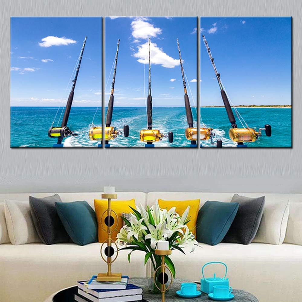 Canvas Wall Art Row of Five Fishing Rod and Reel Pictures Blue Seascape Paintings for Living Room Giclee Fishing Tackle Artwork HD Prints Modern Home Decor Framed Stretched Ready to Hang(60''Wx28''H)