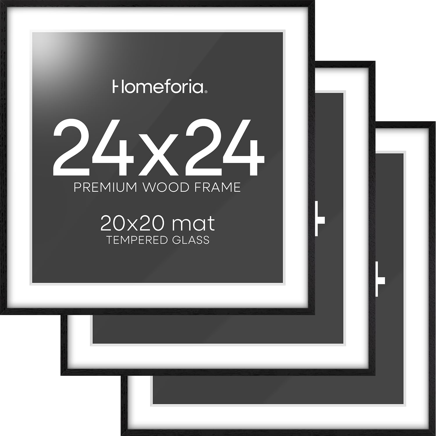 Homeforia 24x24 Black Wood Frame, High End Oak 24 x 24 Square Picture Frames with Mat 20 by 20 inches Photo, 24by24 Black Wooden Poster Frames Matted to 20x20 Print, Tempered Glass, Wall Kit, Set of 3