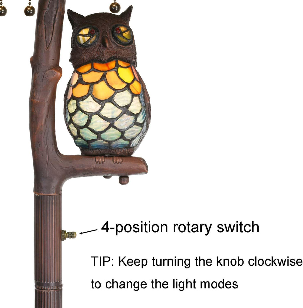 Bieye L10766 Grapes Tiffany Style Stained Glass Double-Lit Floor Lamp with Owl Night Light, 18" Wx65 H