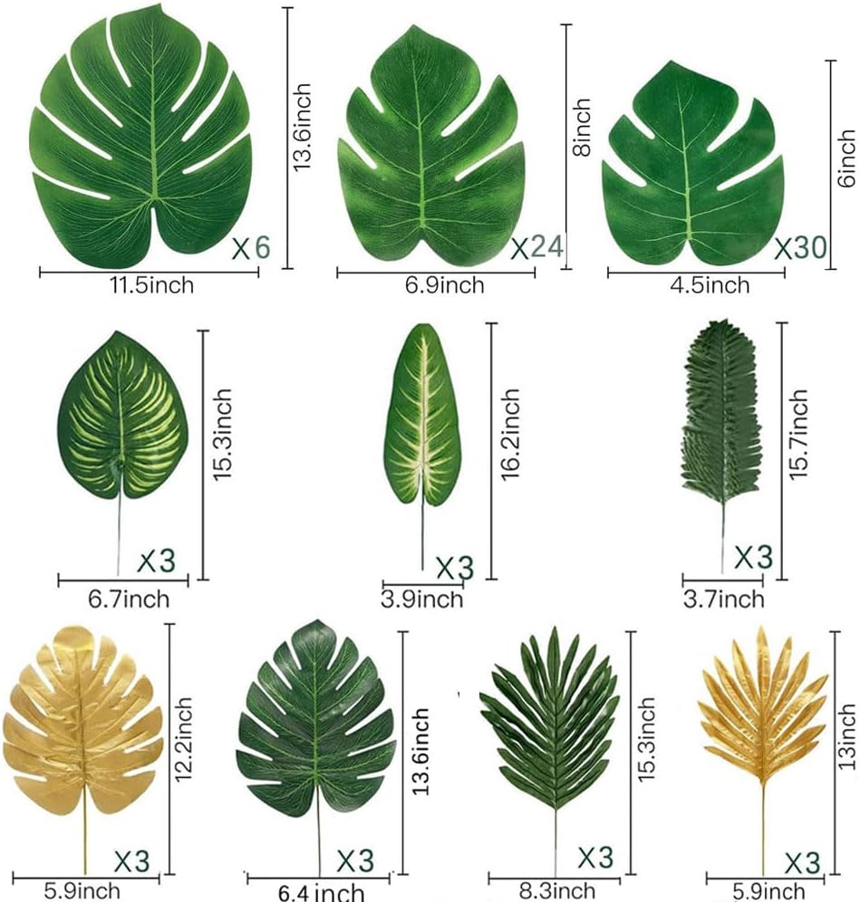 81 Pieces 10Kinds Artificial Tropical Leaf Jungle Leaves Plant Safari Leaves Decorations Fake Palm Golden Leaf with Stems for Hawaiian Luau Party Table Beach Birthday Wedding Theme Party Decorations