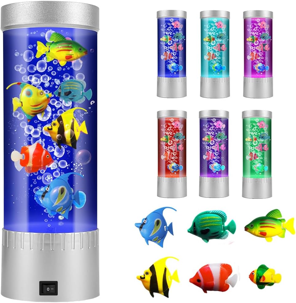 Bubble Fish Lamp with 6 Floating Fake Fish – LED Aquarium Night Light with Bubbles – Cylindrical Transparent Tank, Perfect for Kids’ Rooms, Offices, and Living Spaces