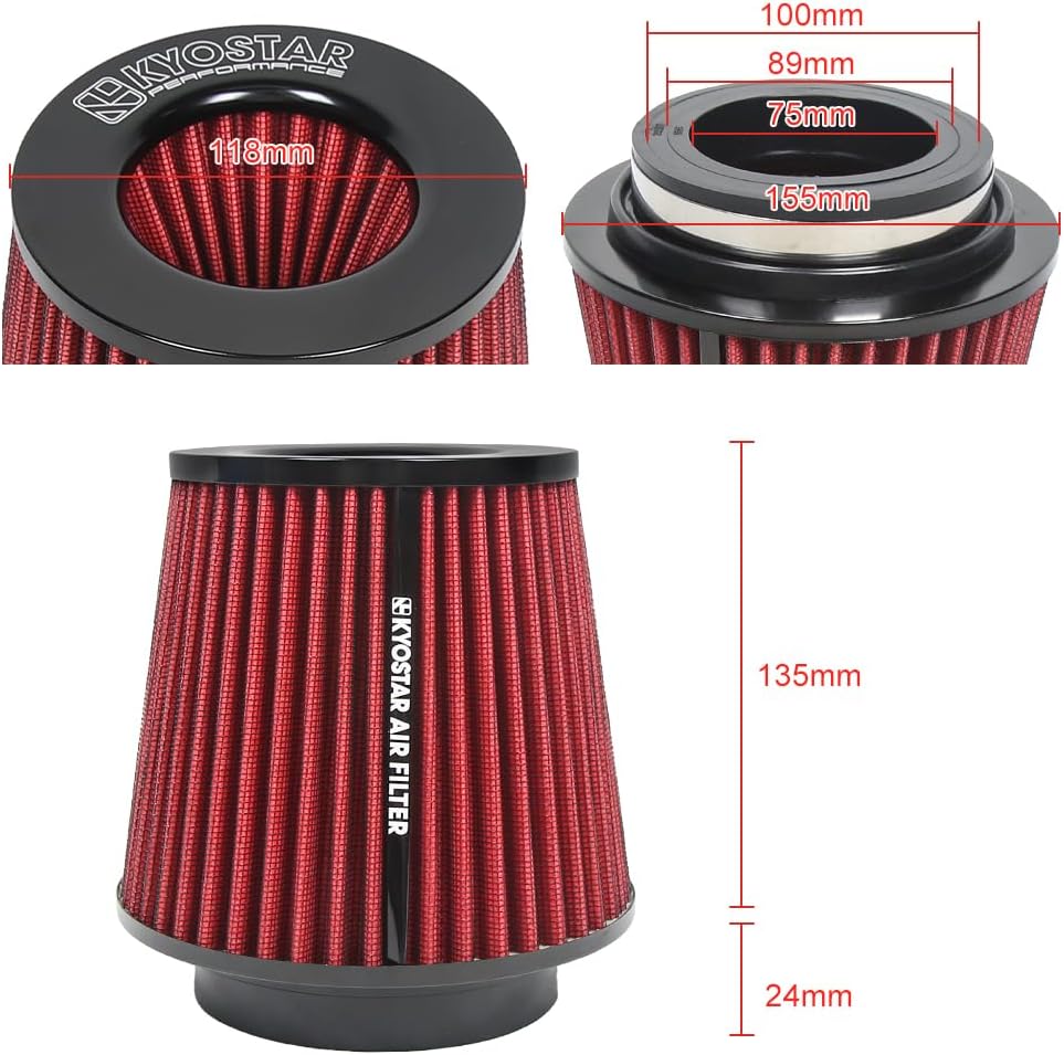 Kyostar 3/3.5/4inch Inlet Cold Air Intake Cone Replacement Performance Washable High Flow Dry Air Filter, Red