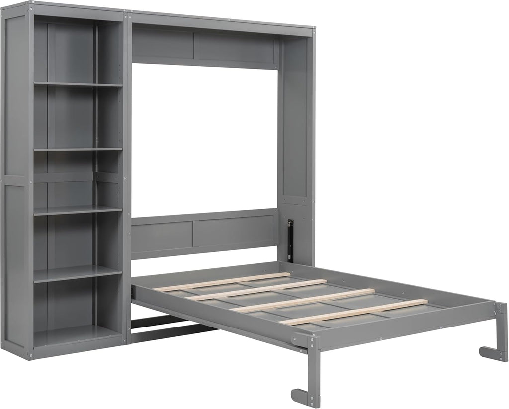 MERITLINE Full Murphy Bed with Storage Bookcase Shelves,Wood Folding Grey Murphy Wall Bed Cabinet