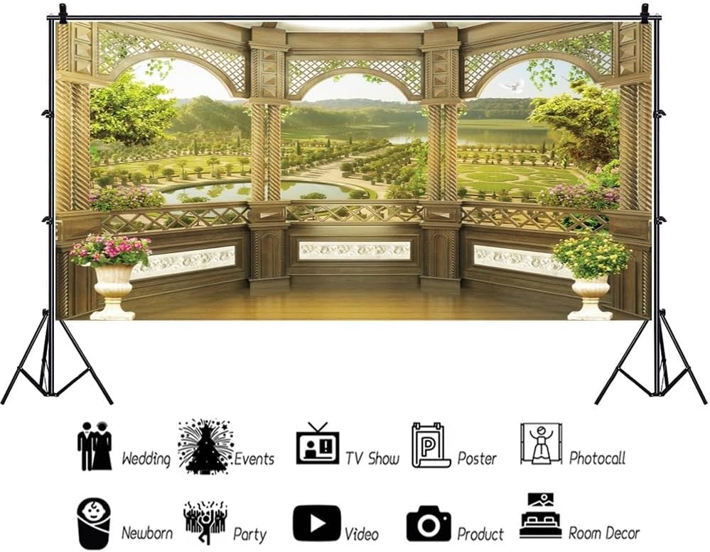12x6ft Window Scenery Backdrop Golden Vintage Fence Green Tree Mountain Lake Nature Park Landscape Photography Background Party Birthday Wedding Bridal Studio Photo Props Polyester
