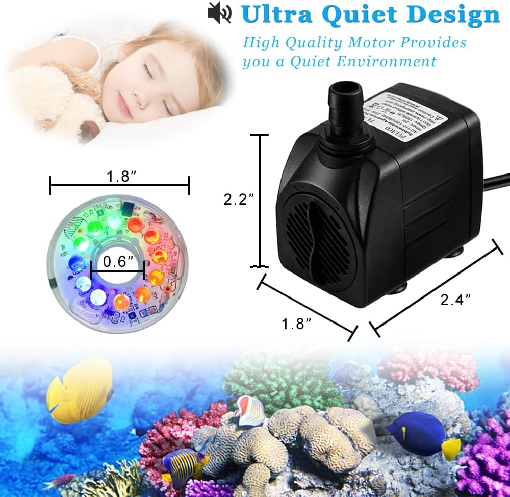 PULACO 160GPH Small Fountain Pump, 10Watt Submersible Pump with Automatic Color Changing LED Light and 3.3 ft Tubing for Water Feature, Outdoor Pond, Aquarium fish tanks