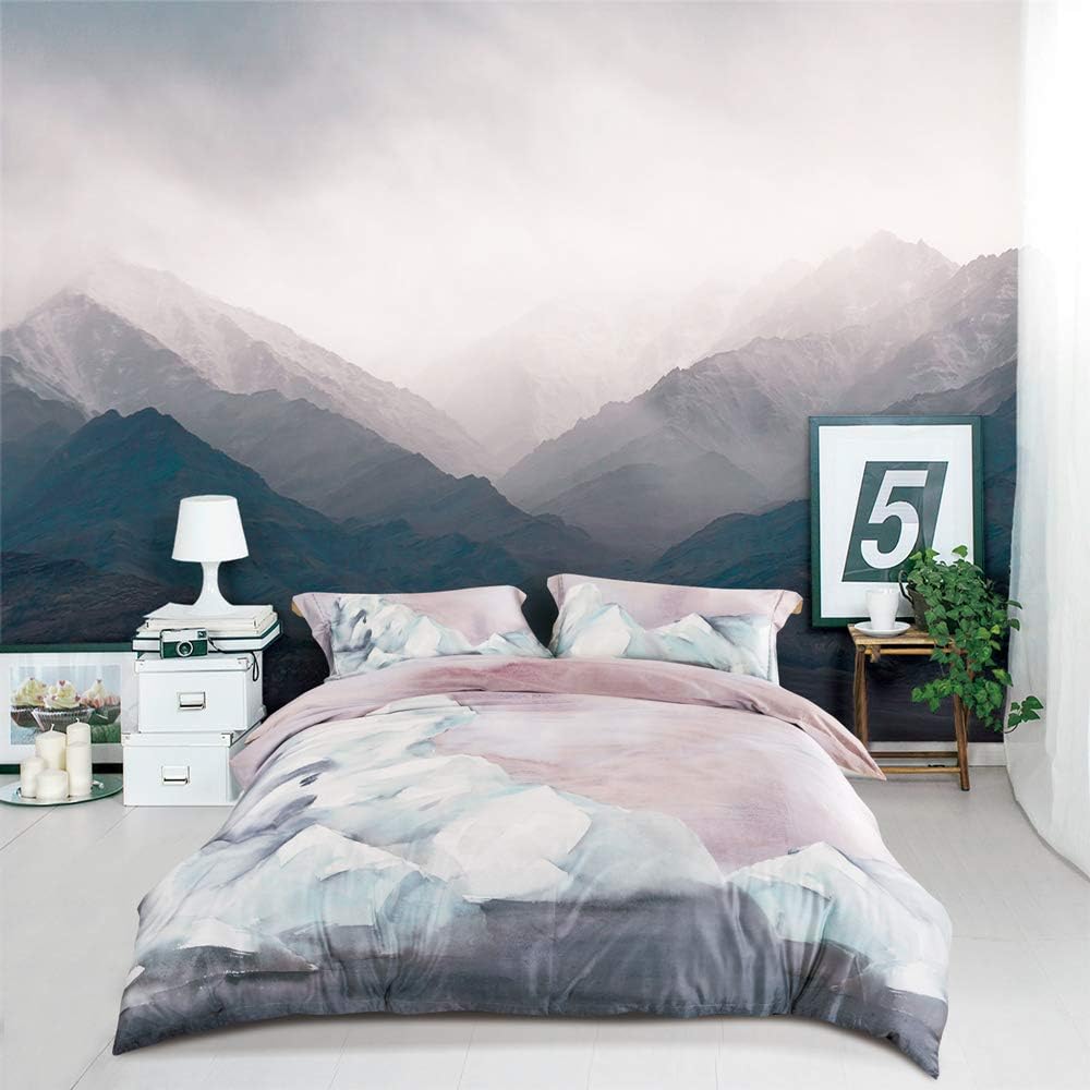 MILDLY 100% Long-Staple Cotton Duvet Cover Queen, Gray Pink Marble Pattern Comforter Cover Set 500TC Watercolor Abstract Reversible Soft & Breathable