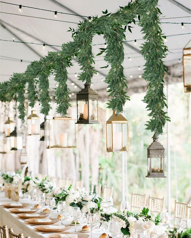 RECUTMS Artificial Willow Leaves Vine Twigs 2Pcs 6Ft Fake Hanging Plant Silk Willows Leaf Ivy Garland Faux Italian Ruscus Greenery Indoor Outdoor Wedding Arch Jungle Beach Birthday Party Garden Decor