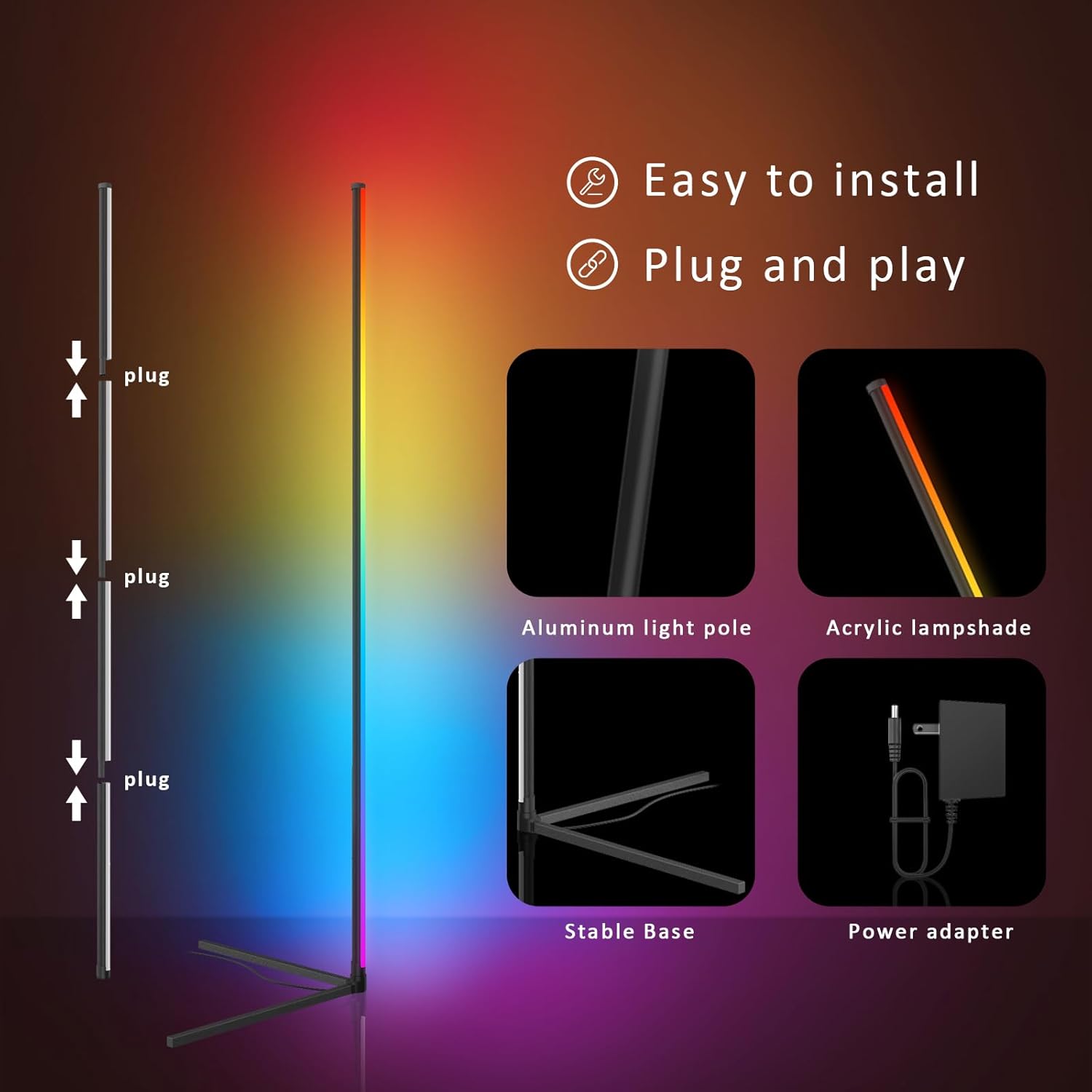 LED Corner Floor Lamp, 68+ Scenes, 16 Million Colors Corner Light with App & Remote Control, Smart RGB Ambient Lighting with Music Sync, Mood Lighting for Bedroom, Living Room Gaming Room