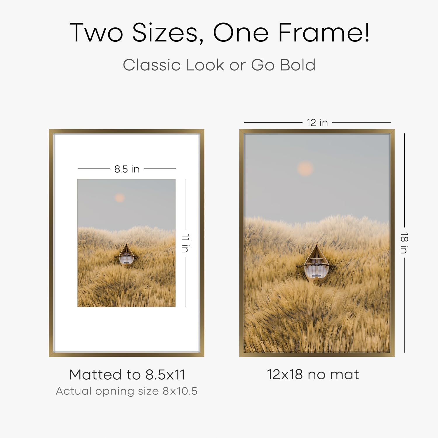 Homeforia 12x18 Bronze Picture Frame, High End Metal 12x18 Brass Poster Frames with Mat 8.5x11 Photo, 12 x 18 Frame Matted to 8.5 by 11 inch Print, 18x12 Thin Frame, Tempered Glass, Wall Kit, Set of 2