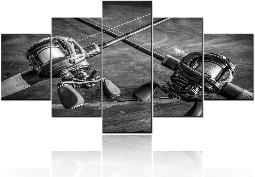Fish Wall Decor Fishing Rod and Reel Pictures Angling Accessories Paintings Multi Panel Canvas Wall Art for Living Room Home Modern Decor Vintage Artwork Framed Stretched Ready to Hang(60”WX32”H)