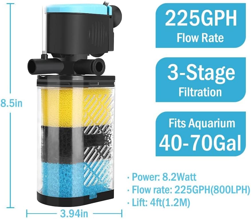 Aquarium Filters – 3-Stage Aquarium Filter in-Tank Filter Internal Filter Fish Tank Filter Turtle Filter for 40-70 Gallon Fish Tanks with Dual Water Outlet and Aeration