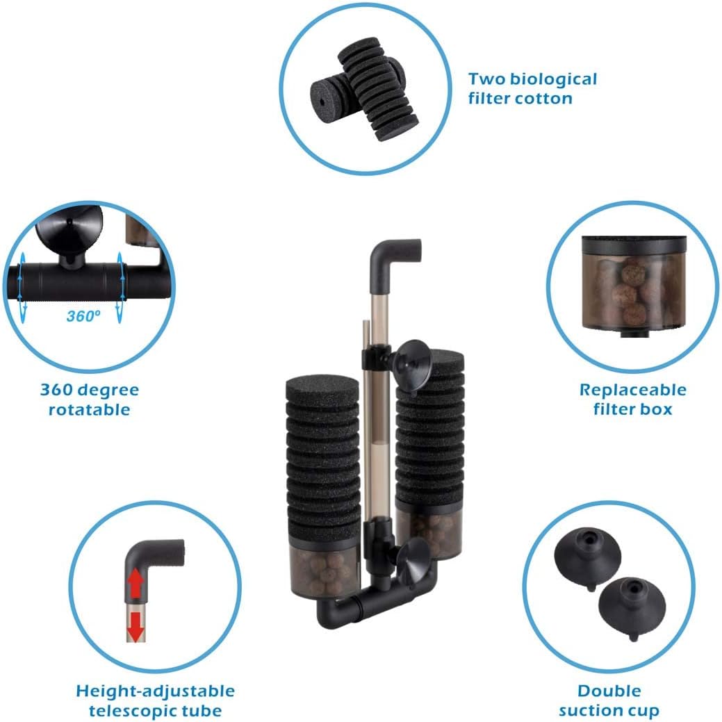 hygger Sponge Filter, Aquarium Filter Double Sponge Replaceable Media with 4 Biochemical Sponges and 1 Bag of Filtered Ceramic Balls Ultra Quiet Filter Fish Tank (S/M)