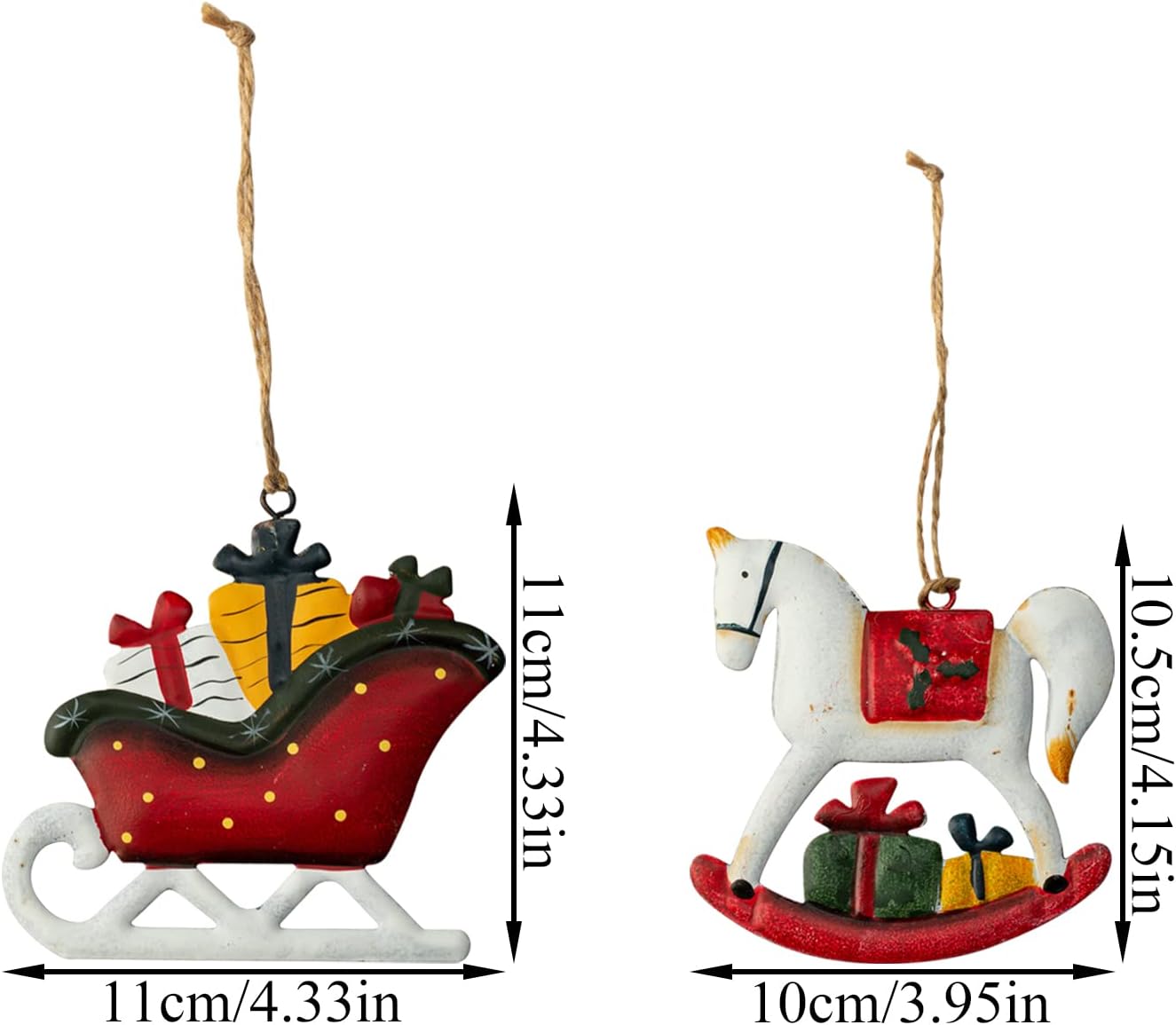 Metal Christmas Tree Ornaments 6-Pack Xmas Hanging Ornaments Santa Snowman Christmas Stocking Sleigh Ornaments for Tree Holiday Decorations, Outdoor Holiday Home Decorations