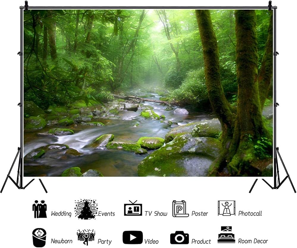 OERJU 5x4ft Peaceful Forest Photography Backdrop for Outdoor Rustic Travel Theme Banner Decoration Stones Stream Trees Rainforest Jungle Plant Background Polyester Fabric Adults Portrait Photo