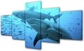 Fishing Paintings for Living Room Diving with Sharks Pictures Underewater World Wall Art Big Fish Artwork Multi Panels Prints on Canvas House Decorations Giclee Framed Ready to Hang Gift(50''Wx24''H)