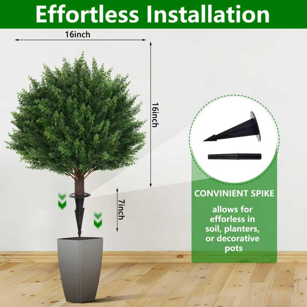 Artificial Set of 2 Cedar Topiary Ball Trees 23" for Outdoors with Ground Spike, UV Resistant Faux Cypress Plants, Evergreen Shrubs Bushes for Front Porch Garden Backyard Decor