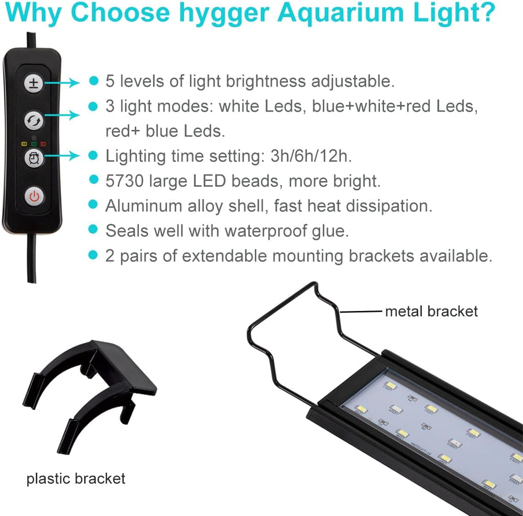 hygger 14W Full Spectrum Aquarium Light with Aluminum Alloy Shell Extendable Brackets, White Blue Red LEDs, External Controller, for Freshwater Fish Tank (18-24 inch)
