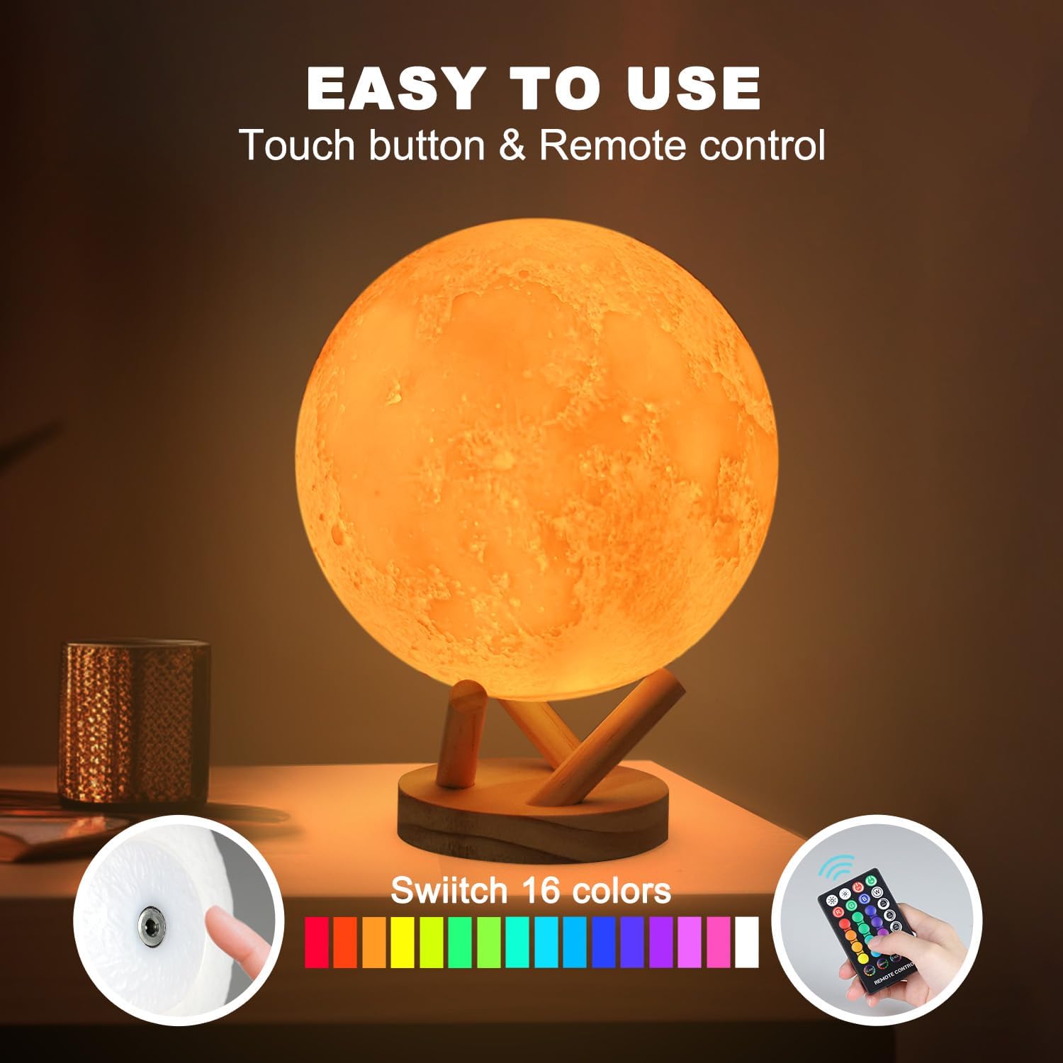 Moon Lamp, 6 Inch Sliding Control Moon Light, Kids Night Light, 16 Colors Moon Night Light with Unique Stand, Timing, USB Rechargeable, Room Decor, Christmas Birthday Gifts for Kid Women Friends Lover