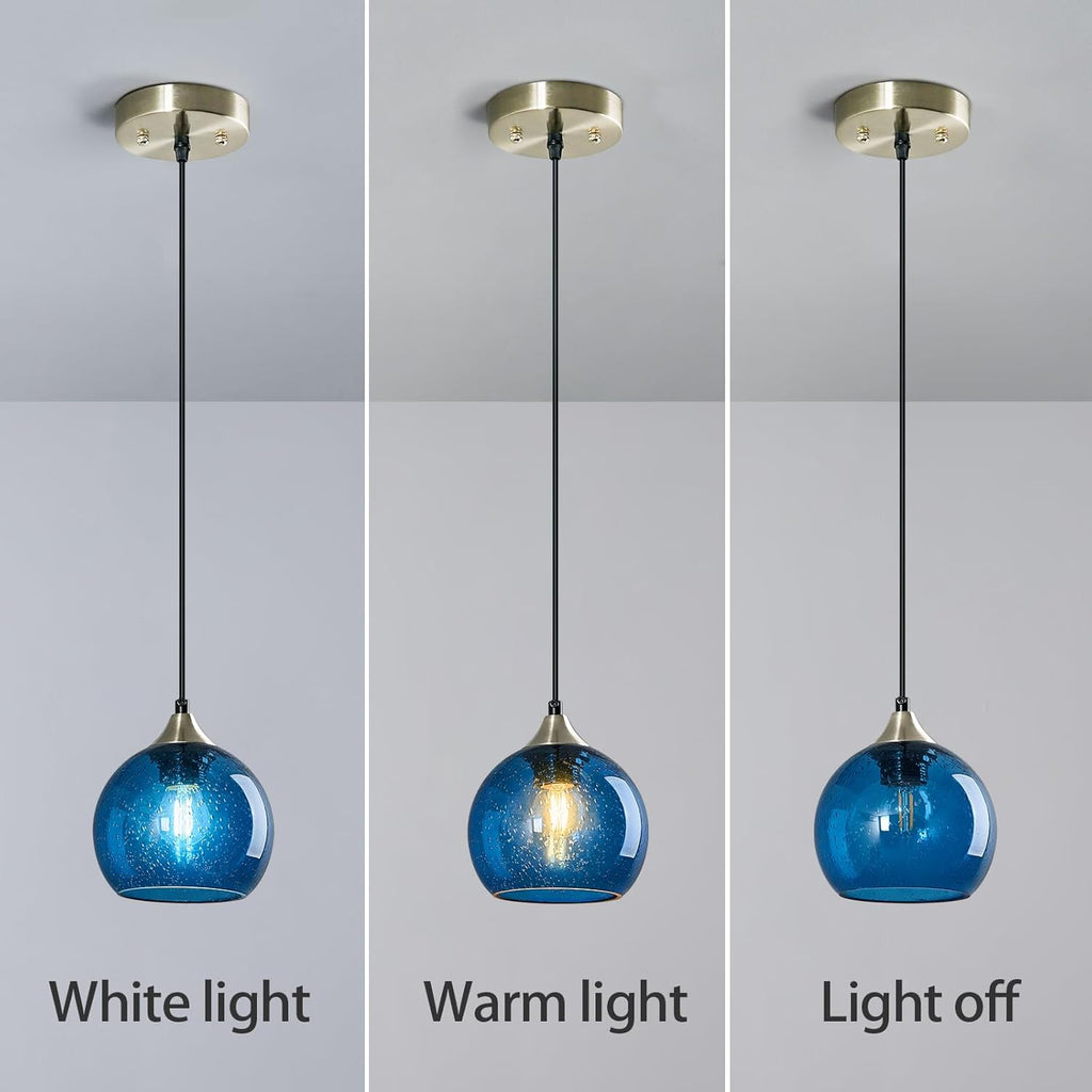 Blue Glass Pendant Lights Kitchen Island Lighting Globe Pendant Light Fixtures Modern Lighting for Kitchen Island Bedroom Living Dining Room (5.9in, 2-Pack)