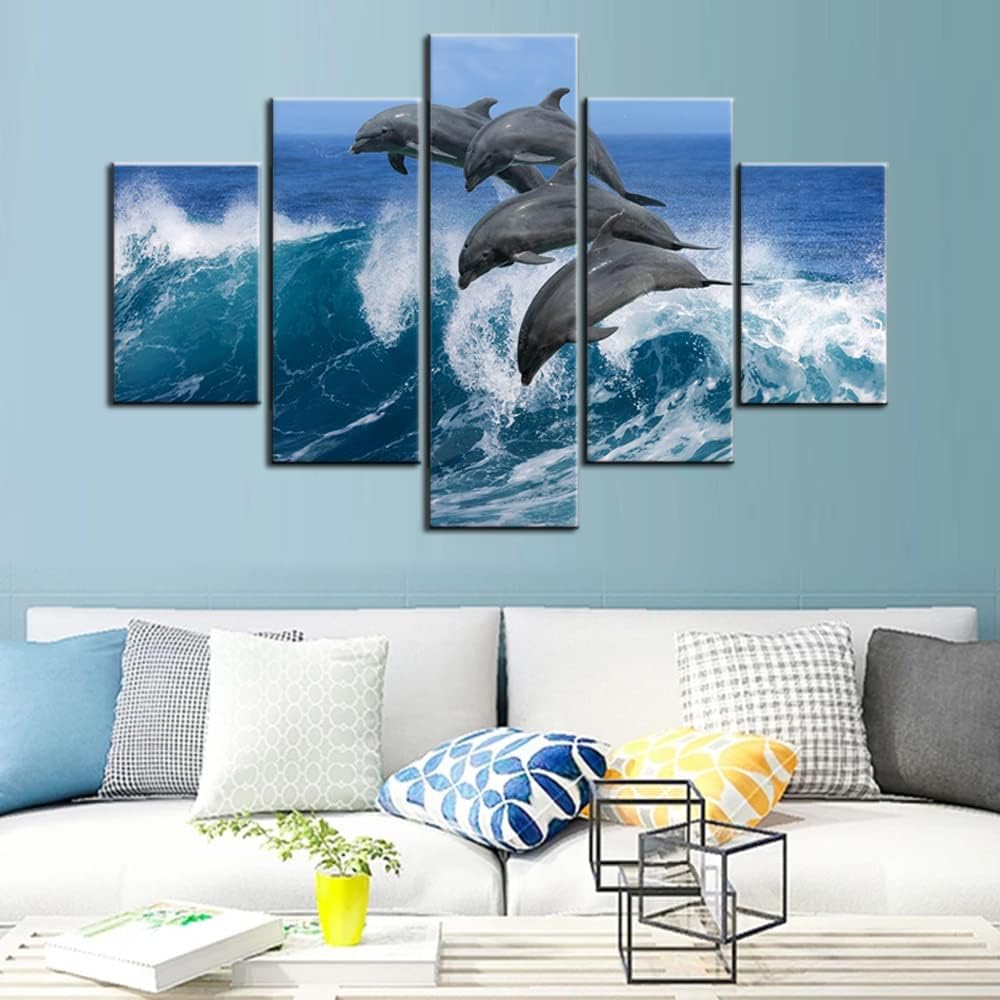 Jumping Dolphins Paintings Multi Panel Canvas Wall Art Hawaii Pacific Ocean Wildlife Pictures for Living Room HD Prints Sealife Artwork House Decor Giclee Framed Stretched Ready to Hang(60''Wx40''H)