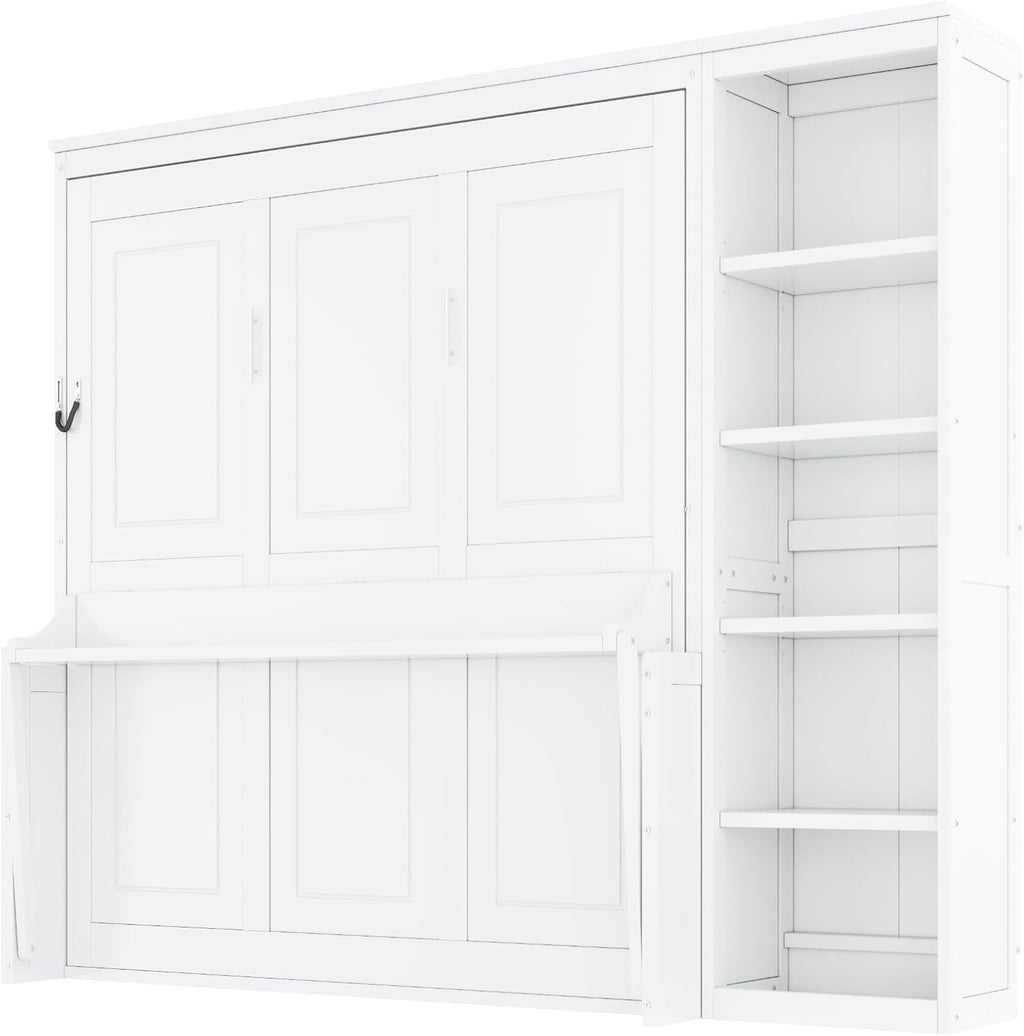 MERITLINE Full Murphy Bed with Desk and Storage Shelves,Wood Hideaway Murphy Wall Bed with Storage Bookcase for Adults (White,Full)