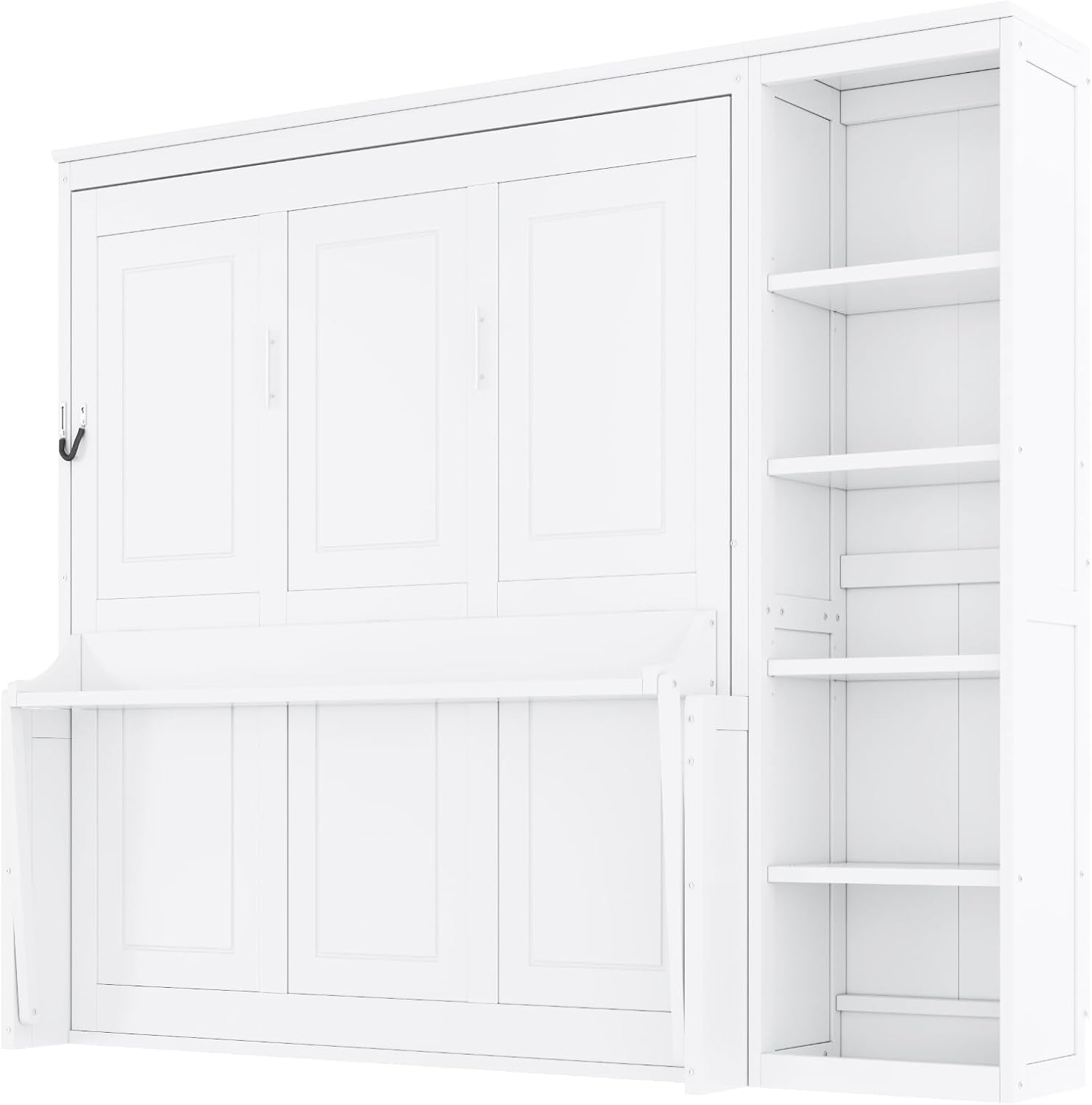 MERITLINE Full Murphy Bed with Desk and Storage Shelves,Wood Hideaway Murphy Wall Bed with Storage Bookcase for Adults (White,Full)