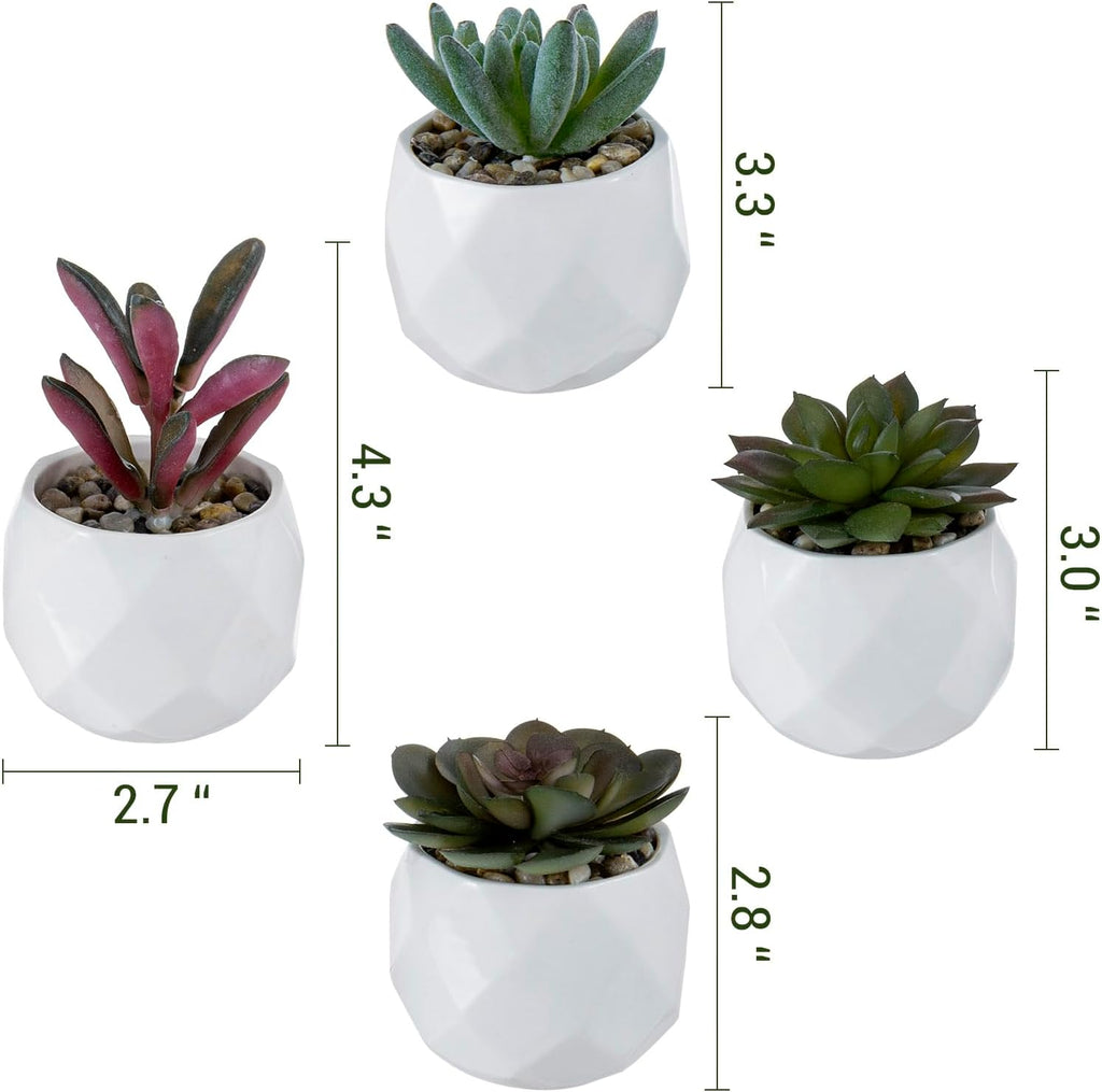 MyGift Miniature Artificial Succulents, Indoor Fake House Plants in Round White Geometric Ceramic Pots, Set of 4