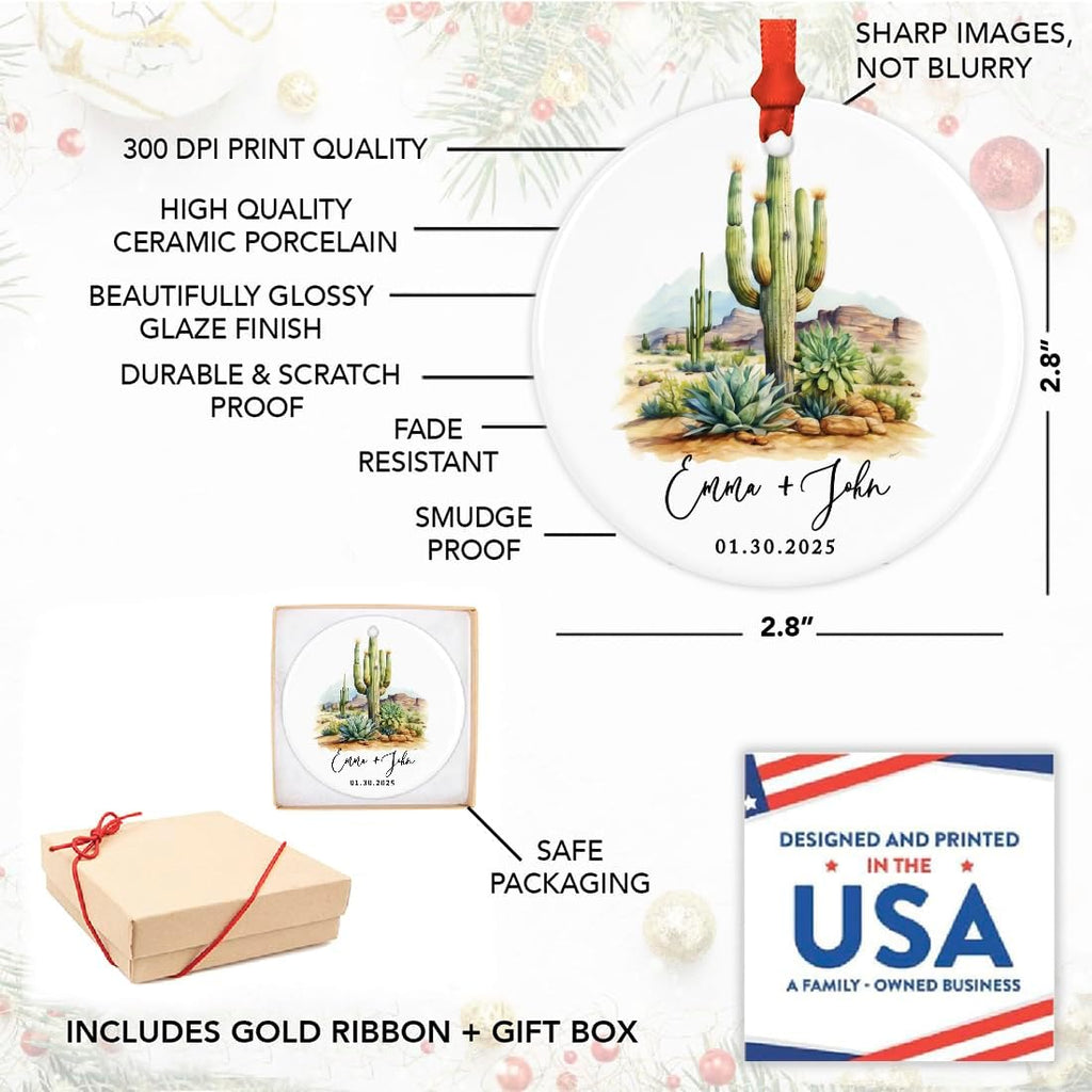 Andaz Press 2.8" Ceramic Porcelain Personalized Christmas Cactus Ornament, Desert Wedding Design, Custom Cactus Christmas Ornaments, Succulent Ornament Cactus Decor, Wedding Gift for Couples