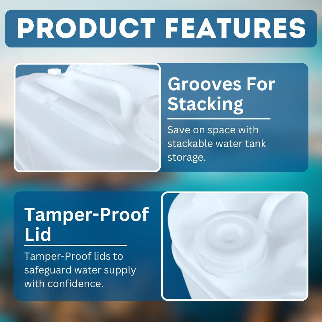 5-Gallon Stackable Water Storage Containers, 5 Gallons w/ 3 Lids + 1 Spigot, Easy Fill, Survial Supply Emergency Water Storage for Camping and Disaster Preparedness, RV, 10 Gallon (2 Tanks)