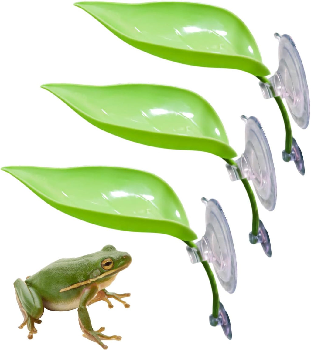 3 Pack Plastic Leaf Decorations with Suction Cups, Frog Habitat Platform, Reptile Decorations for Terrarium, Frog Tank Accessories, Terrarium Decor for African Dwarf, and Toad (Green)